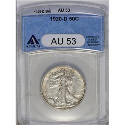 	1920-D 50C AU53 ANACS. Light rose-gray toning overlays 1920-D