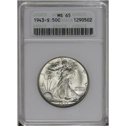 	1943-S 50C MS65 ANACS. Pleasing frosty luster combines 1943-S