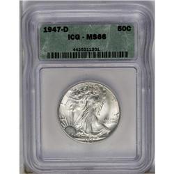 	1947-D 50C MS66 ICG. Bright frosty luster, a bold stri 1947-D