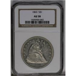 	1863 S$1 AU58 NGC. A sharply struck Civil War dollar w 1863