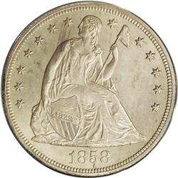 	1858 S$1 PR62 ANACS. The 1858 is the sole proof-only d 1858