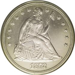 	1872 S$1 PR62 ANACS. Brilliant and untoned with deep, 1872