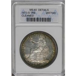 	1873-S T$1 --Cleaned--ANACS. MS60 Details. Vertical hai 1873-S