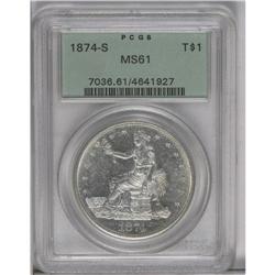 	1874-S T$1 MS61 PCGS. Medium S mintmark. A nicely 1874-S