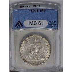 	1874-S T$1 MS61 ANACS. A rich cartwheel sheen flashes 1874-S