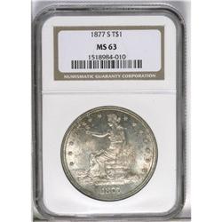 	1877-S T$1 MS63 NGC. Cartwheel luster illuminates the 1877-S