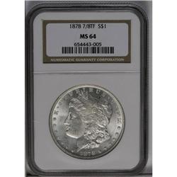 	1878 7/8TF S$1 Strong MS64 NGC. VAM-38. This lustrous 1878 7/8TF