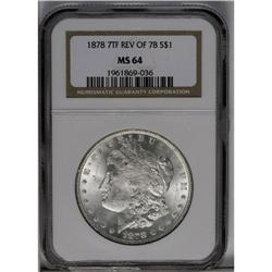 	1878 7TF S$1 Reverse of 1878 MS64 NGC. Both sides show 1878 7TF