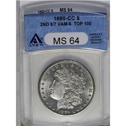 	1880-CC S$1 8 Over Low 7 MS64 ANACS. VAM-6. A Top 100 1880-CC