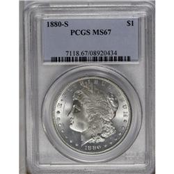 	1880-S S$1 MS67 PCGS. Frosty silver-gray surfaces disp 1880-S
