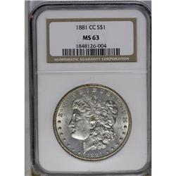 	1881-CC S$1 MS63 NGC. A brilliant and satiny Mint Stat 1881-CC