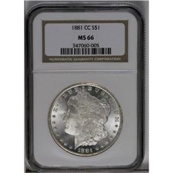 	1881-CC S$1 MS66 NGC. This outstanding Premium Gem has 1881-CC