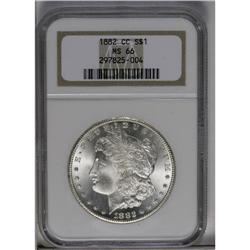 	1882-CC S$1 MS66 NGC. Satiny cartwheel luster is cheer 1882-CC