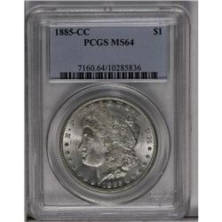 	1885-CC S$1 MS64 PCGS. An exquisitely struck near-Gem 1885-CC