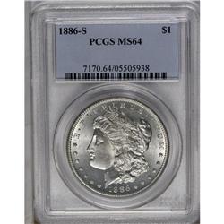 	1886-S S$1 MS64 PCGS. Very nearly Gem quality with bri 1886-S