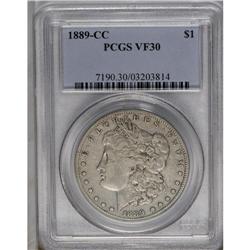 	1889-CC S$1 VF30 PCGS. This subdued cream-gray key dat 1889-CC