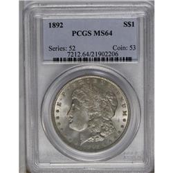 	1892 S$1 MS64 PCGS. After years of heavy silver dollar 1892