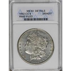 	1892-CC S$1 --Rims Filed--ANACS. MS60 Details. No wear 1892-CC