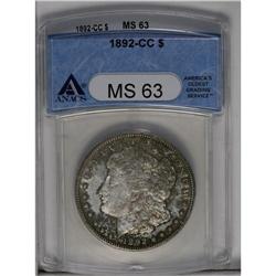 	1892-CC S$1 MS63 ANACS. This desirable Carson city dol 1892-CC