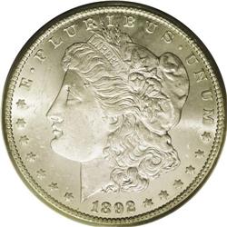 	1892-CC S$1 MS64 PCGS. A lightly toned and highly lust 1892-CC