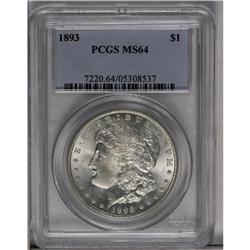 	1893 S$1 MS64 PCGS. A brilliant silver-white specimen, 1893