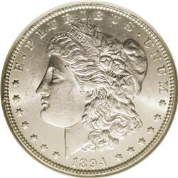 	1894 S$1 MS63 NGC. Satiny-white and without any sizeab 1894