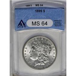	1899 S$1 MS64 ANACS. Shimmering, satiny-white surfaces 1899