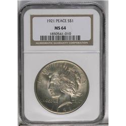 	1921 S$1 MS64 NGC. Fully lustrous with frosty silver s 1921