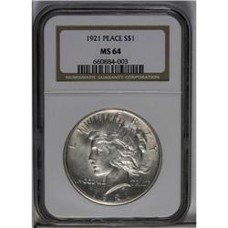 	1921 S$1 MS64 NGC. Untoned surfaces emit slightly subd 1921
