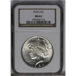 	1924-S S$1 MS63 NGC. Frosty-white and untoned, showing 1924-S