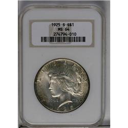 	1925-S S$1 MS64 NGC. Gentle orange and cream-gray toni 1925-S