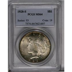 	1928-S S$1 MS64 PCGS. VAM-4. Delicate golden-brown and 1928-S