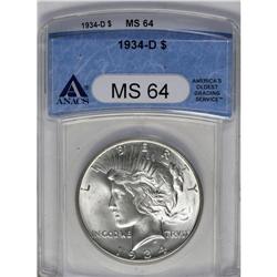 	1934-D S$1 MS64 ANACS. Small D. This highly lustrous a 1934-D
