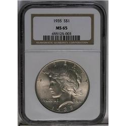 	1935 S$1 MS65 NGC. Virtually unmarked surfaces are bat 1935