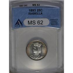 	1893 25C Isabella Quarter MS62 ANACS. A highly lustrou 1893