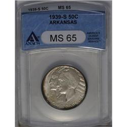 	1939-S 50C Arkansas MS65 ANACS. Whispers of orange-gol 1939-S