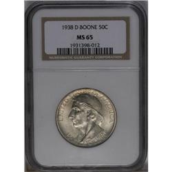 	1938-D 50C Boone MS65 NGC. Lustrous surfaces display a 1938-D