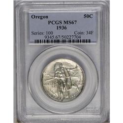 	1936 50C Oregon MS67 PCGS. A thin veneer of pale blue 1936