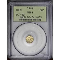 	1853 50C Liberty Round 50 Cents, BG-430, R.3, MS63 PCG 1853