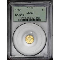 	1853 $1 Liberty Octagonal 1 Dollar, BG-505, R.4, MS60 1853