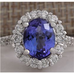 4.54 CTW Natural Blue Tanzanite And Diamond Ring 18K Solid White Gold