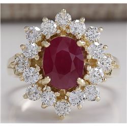 3.08 CTW Natural Red Ruby And Diamond Ring 18K Solid Yellow Gold