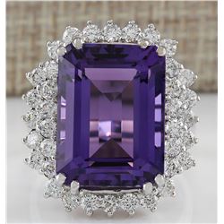 15.12 CTW Natural Amethyst And Diamond Ring In 18K Solid White Gold