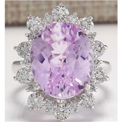 17.88 CTW Natural Kunzite And Diamond Ring 18K Solid White Gold