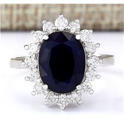 6.42 CTW Natural Blue Sapphire And Diamond Ring In 18K White Gold