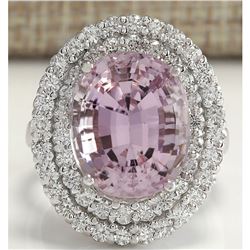 13.33 CTW Natural Kunzite And Diamond Ring 18K Solid White Gold
