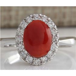 1.60 CTW Natural Red Coral And Diamond Ring 14K Solid White Gold