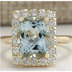 4.54 CTW Natural Aquamarine And Diamond Ring In 14K Solid Yellow Gold
