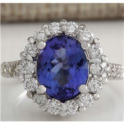 4.68 CTW Natural Blue Tanzanite And Diamond Ring 14K Solid White Gold