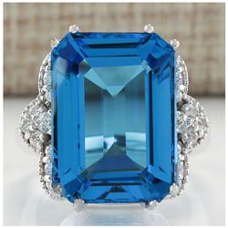 20.40 CTW Natural Blue Topaz And Diamond Ring In 14K White Gold